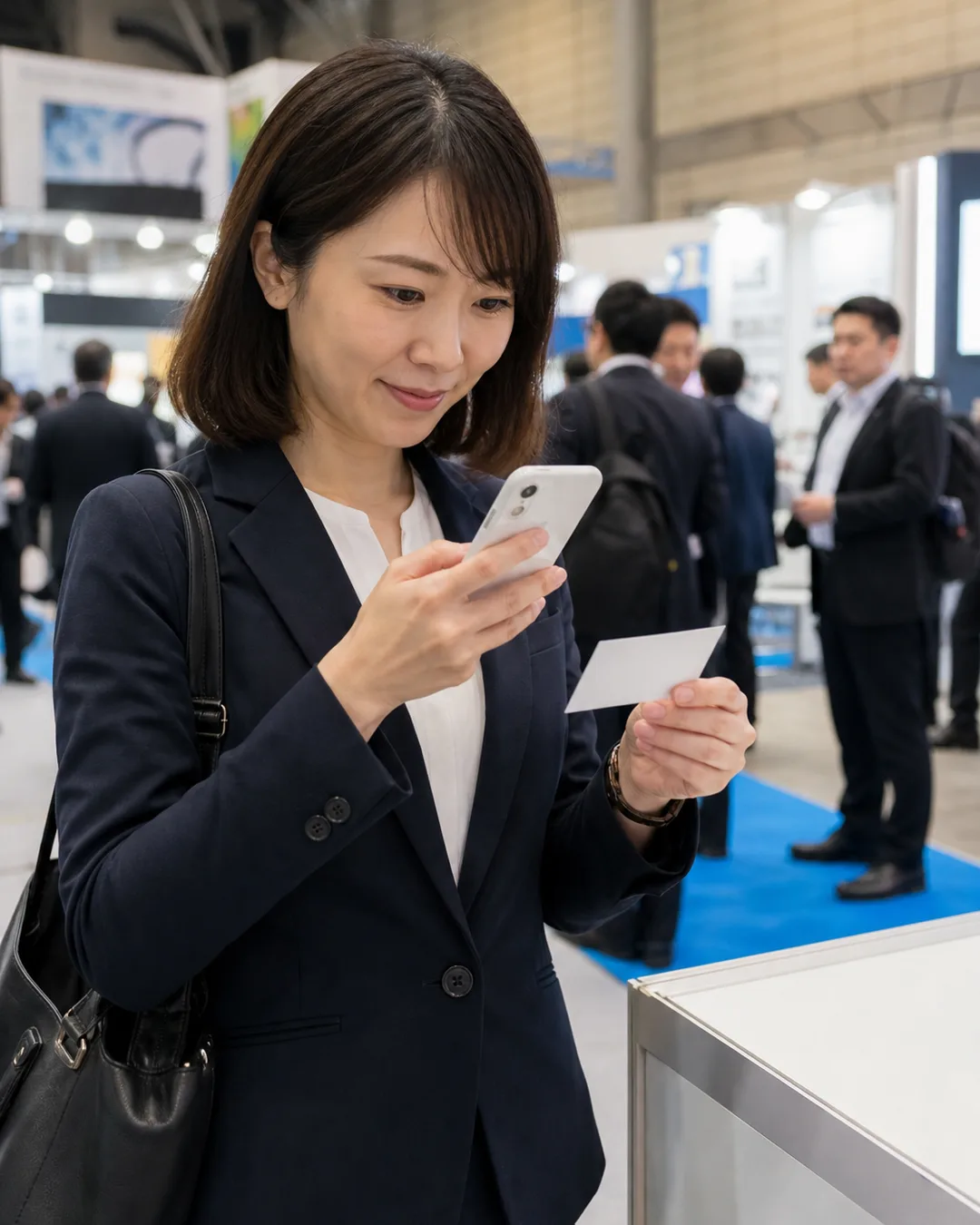 展示会で名刺交換したあとスマホで撮影する営業担当者